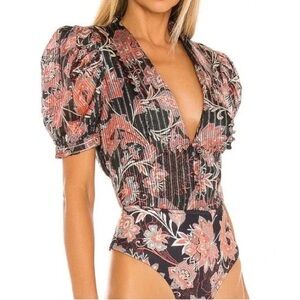 HEMANT & NANDITA “Zoie” Bodysuit Paisley Print Plunge Neckline Puff Sleeves
